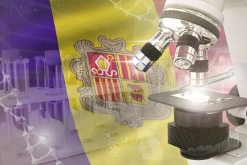 Microscope on Andorra flag - science development digital background. Research of biotechnology design concept, 3D illustration of object