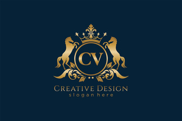initial CV Retro golden crest with circle and two horses, badge template with scrolls and royal crown - perfect for luxurious branding projects