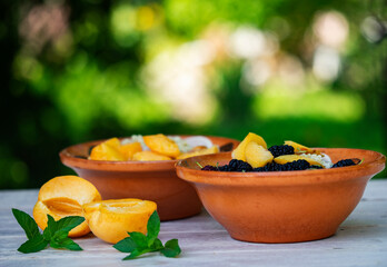 Bowl with oatmeal with mulberry and apricots on a wooden table in the garden.