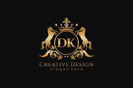 initial DK Retro golden crest with circle and two horses, badge template with scrolls and royal crown - perfect for luxurious branding projects