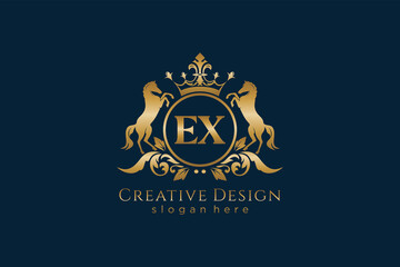 initial EX Retro golden crest with circle and two horses, badge template with scrolls and royal crown - perfect for luxurious branding projects