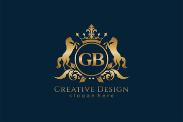 initial GB Retro golden crest with circle and two horses, badge template with scrolls and royal crown - perfect for luxurious branding projects - obrazy, fototapety, plakaty