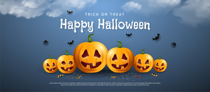 Happy halloween vertical banner with pumpkin spider and bats