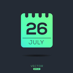 Fototapeta premium Creative calendar page with single day (26 July), Vector illustration.