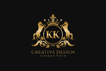 initial KK Retro golden crest with circle and two horses, badge template with scrolls and royal crown - perfect for luxurious branding projects