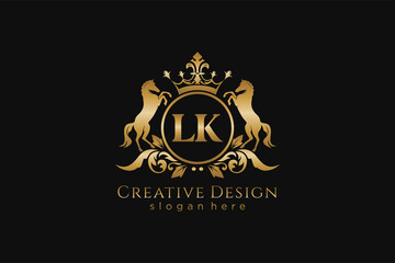 initial LK Retro golden crest with circle and two horses, badge template with scrolls and royal crown - perfect for luxurious branding projects