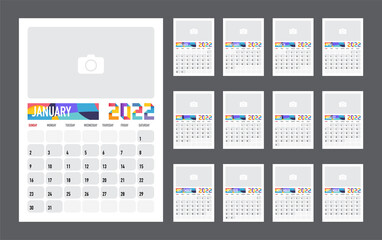 Calendar Colorful planner for 2022. The week starts on sunday. Vector design illustration.