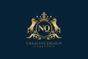 initial NQ Retro golden crest with circle and two horses, badge template with scrolls and royal crown - perfect for luxurious branding projects