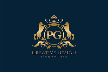initial PG Retro golden crest with circle and two horses, badge template with scrolls and royal crown - perfect for luxurious branding projects