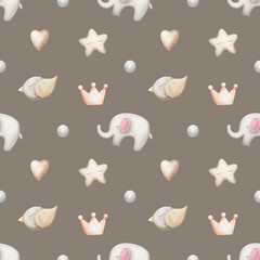 Seamless pattern for a baby. Elephants. Dark background. Birds. Watercolor illustrations. Children's clothing. Illustrations for printing. Posters. Invitation cards.