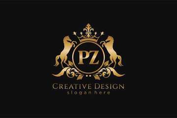 initial PZ Retro golden crest with circle and two horses, badge template with scrolls and royal crown - perfect for luxurious branding projects