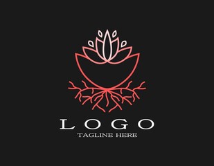 Luxury pink flower logo. Elegant design concept with blooming pink flower and root. Suitable for spa, resort, hotel, beauty, boutique, yoga, salon, perfume.