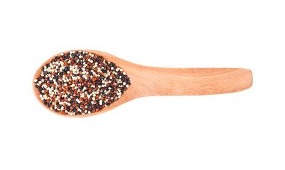 Quinoa seeds (Chenopodium) in wooden spoon isolated on white background.