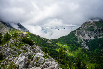 scenery high mountain peek in clouds - nature landscape - exploring hiking