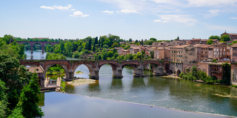 View panorama in city Albi in south medieval France with bridge on tarn river