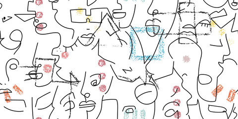 One line drawing. Abstract face seamless pattern.