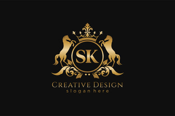 initial SK Retro golden crest with circle and two horses, badge template with scrolls and royal crown - perfect for luxurious branding projects