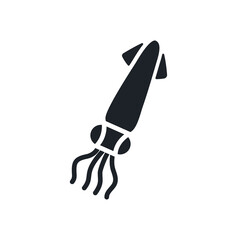 Squid silhouette. Black isolated silhouettes. Fill solid icon. Modern glyph design. Vector illustration. Meat products fish and sea food. Marine life