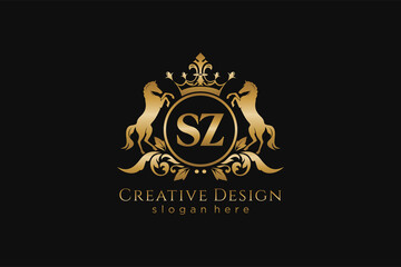 initial SZ Retro golden crest with circle and two horses, badge template with scrolls and royal crown - perfect for luxurious branding projects