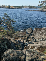 Ladoga lake. Panorama of Karelia. Islands in Lake Ladoga. Northern nature of Russia. Republic of Karelia