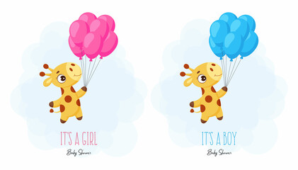 Baby Shower greeting card with cute little giraffe flying on balloon. Funny cartoon character. It's a boy. It's a girl. Bright colored childish stock vector illustration.