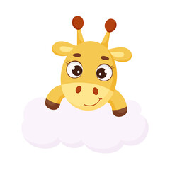 Cute little giraffe on cloud. Funny cartoon character for print, sticker, greeting cards, baby shower, invitation, home decor. Stock vector illustration.