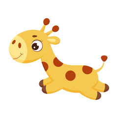 Cute little giraffe jumping. Funny cartoon character for print, greeting cards, baby shower, invitation, wallpapers, home decor. Bright colored childish stock vector illustration.