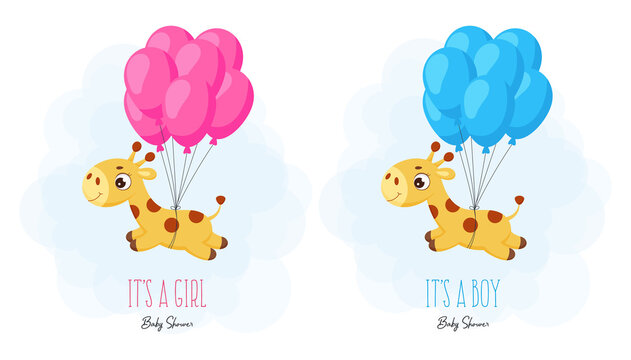 Baby Shower greeting card with cute little giraffe flying on balloon. Funny cartoon character. It's a boy. It's a girl. Bright colored childish stock vector illustration.