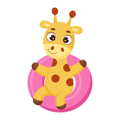 Cute little giraffe floats on pink circle. Funny cartoon character for print, greeting cards, baby shower, invitation, wallpapers, home decor. Bright colored childish stock vector illustration.