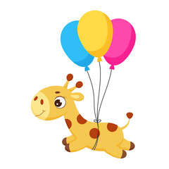 Baby Shower greeting card with cute little giraffe flying on balloons. Funny cartoon character for print, greeting cards, baby shower, invitation, wallpapers, home decor. Vector stock illustration.