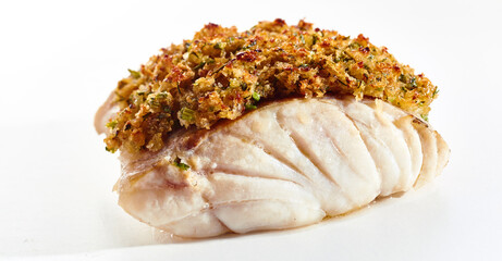 Appetizing baked cod fish with breadcrumbs