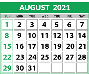 2021 August Calendar Layout template isolated in white background, Week starts Sunday. Pocket calendar year layout. Year organizer. Stationery template in minimal design. vector illustration