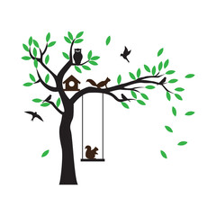 Tree with Bird and Squirrel, Vector illustration