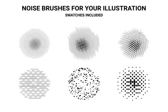 Noise brushes set for illustration. Grunge, dirty effect creation. Swatches included.