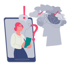 Online psychological support with therapist or psychologist provide emotional and psychological support. Mental health and online help, flat vector illustration isolated on white background.