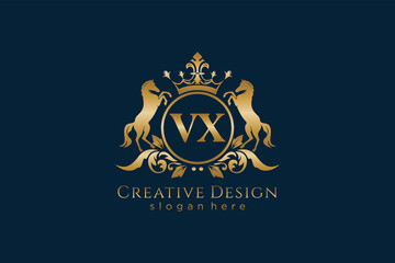 initial VX Retro golden crest with circle and two horses, badge template with scrolls and royal crown - perfect for luxurious branding projects