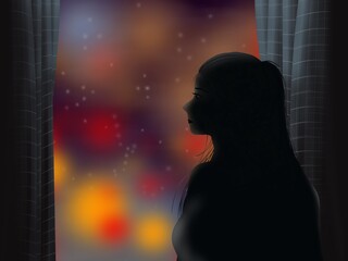 A woman stands in a dark room and looks out the window.  image that conveys  Depression.  Illustration created on a tablet, used as an illustration or background about  a person's mood.