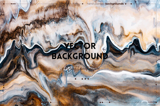 Fluid art texture. Background with abstract swirling paint effect. Liquid acrylic picture with flows and splashes. Mixed paints for website background. Brown, golden and navy blue overflowing colors.