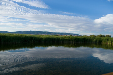 Paisaje de laguna con reflejos en verano.	