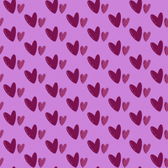 Cute seamless pattern with simple hand drawn cartoon violet hearts in diagonal lines. Romantic girlish vector purple background. Valentines day backdrop