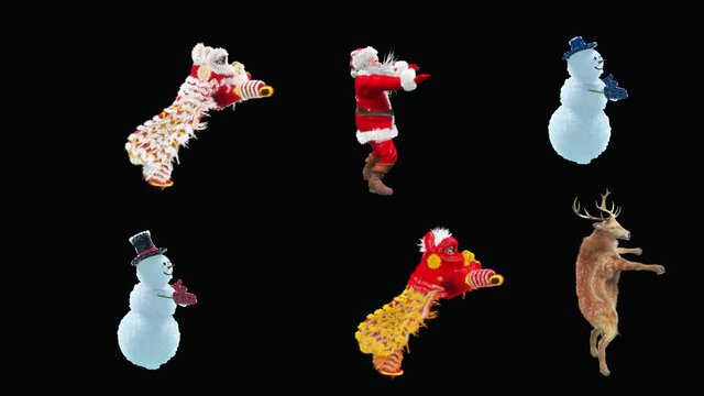 Lion Dancing, Chinese New Year, dragon, Merry christmas and happy new year, 3d rendering, Snowman, Deer,  santa claus Dancing, Animation Loop, cartoon, included in the end of the clip with luma matte.