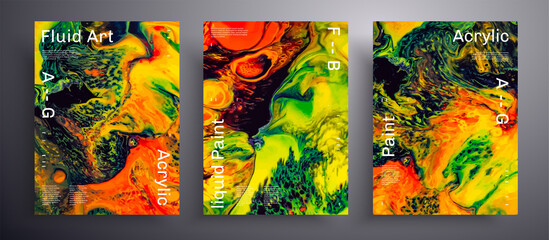 Abstract acrylic banner, fluid art vector texture set. Artistic background that can be used for design cover, invitation, flyer and etc. Orange, green, yellow and black creative iridescent artwork.