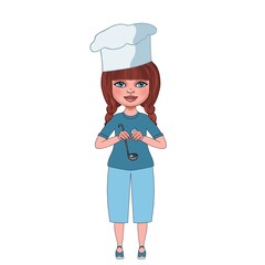 Portrait of a free-standing little girl-cook with a ladle and a salt shaker in her hands on a white background. Home economics lessons, hobbies, interests. Menu advertising, presentation, recipe books