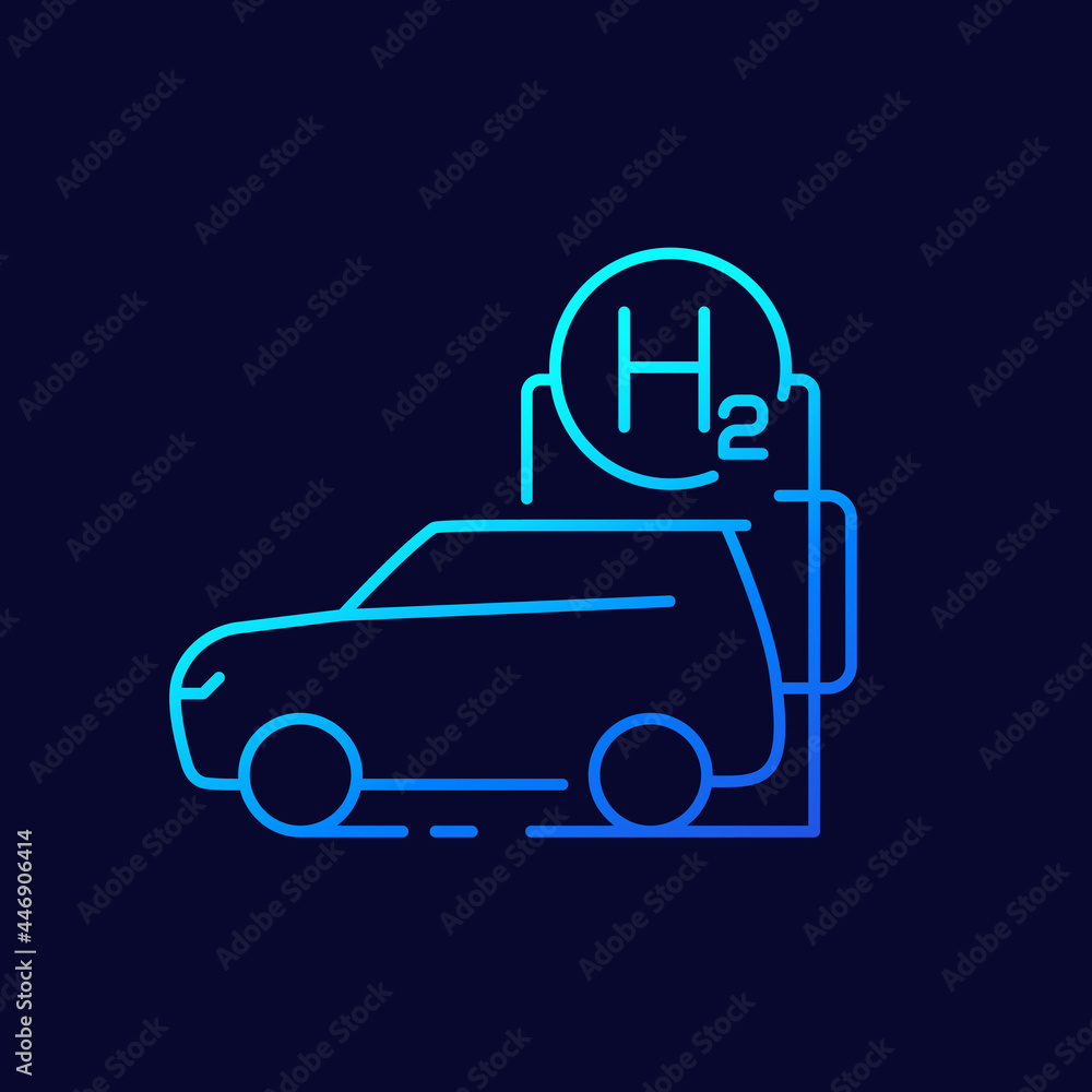 Poster hydrogen car and charging station line vector icon