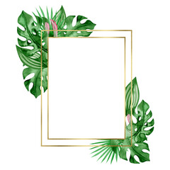 Watercolor gold frame with tropical leaves and geometric elements isolated on a white background, hand-drawn.