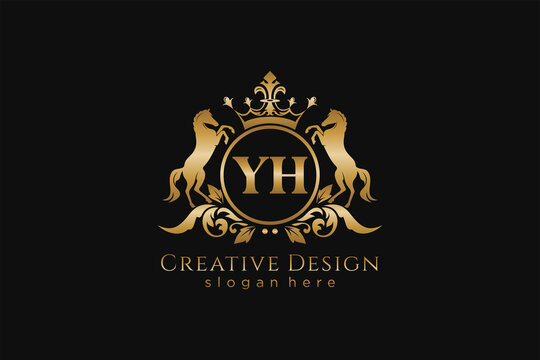 initial YH Retro golden crest with circle and two horses, badge template with scrolls and royal crown - perfect for luxurious branding projects