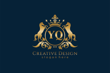 initial YQ Retro golden crest with circle and two horses, badge template with scrolls and royal crown - perfect for luxurious branding projects