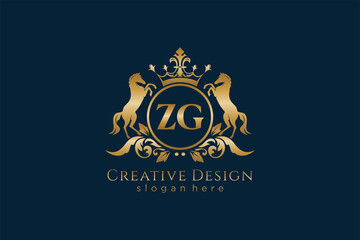 initial ZG Retro golden crest with circle and two horses, badge template with scrolls and royal crown - perfect for luxurious branding projects