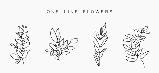 Floral branch set. Hand drawn wedding herb, plant and monogram with elegant leaves for invitation save the date card design. Botanical rustic trendy greenery collection vector. One line drawing flower