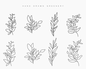 Floral branch set. Hand drawn wedding herb, plant and monogram with elegant leaves for invitation save the date card design. Botanical rustic trendy greenery collection vector. One line drawing flower